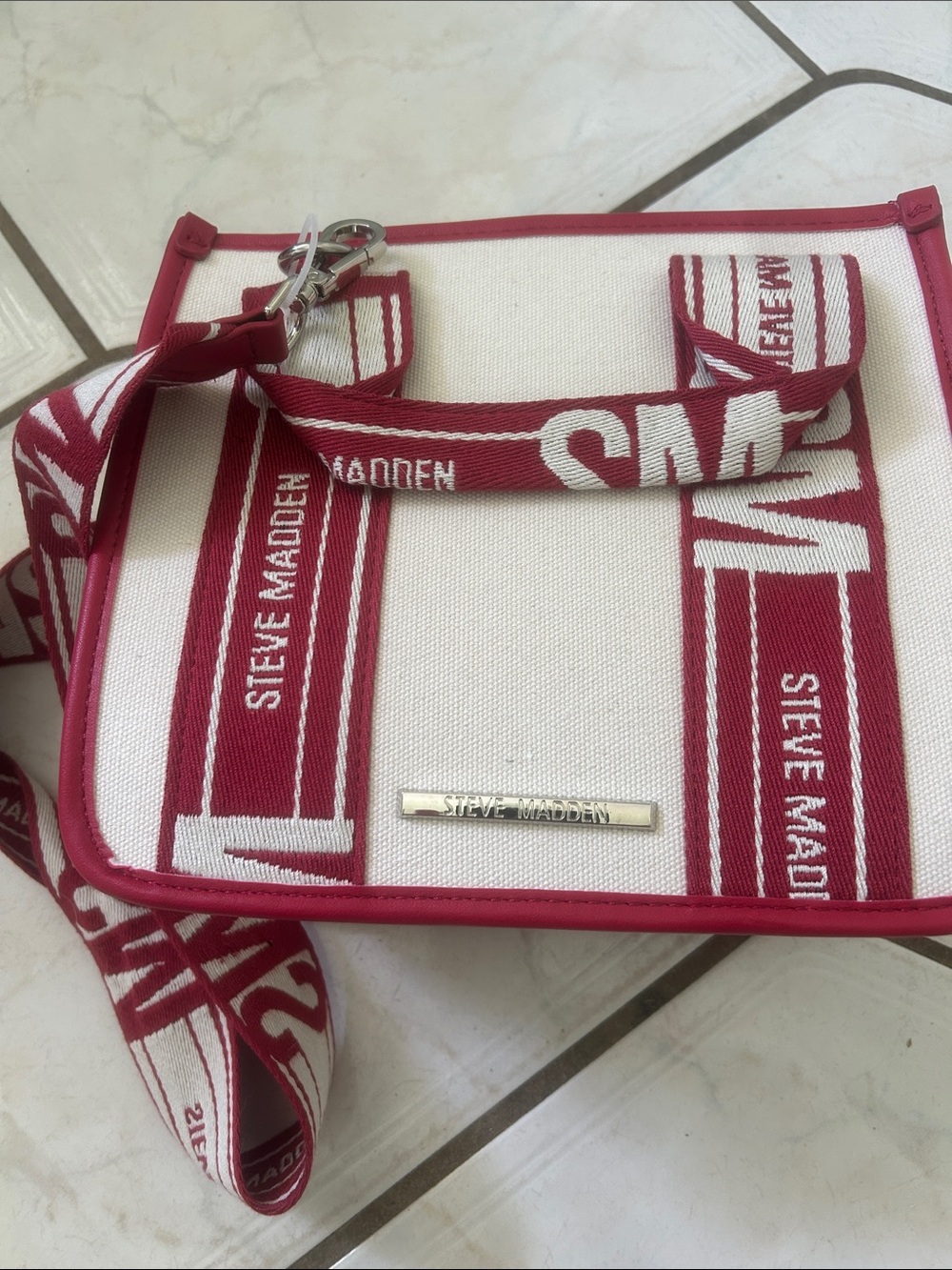 Steve Madden Red and White Canvas Crossbody with Branded Strap